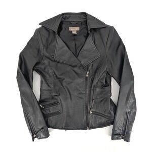 Kenar Womens Black Leather Moto Biker‎ Jacket Asymmetric Zip Size 4 RN105664